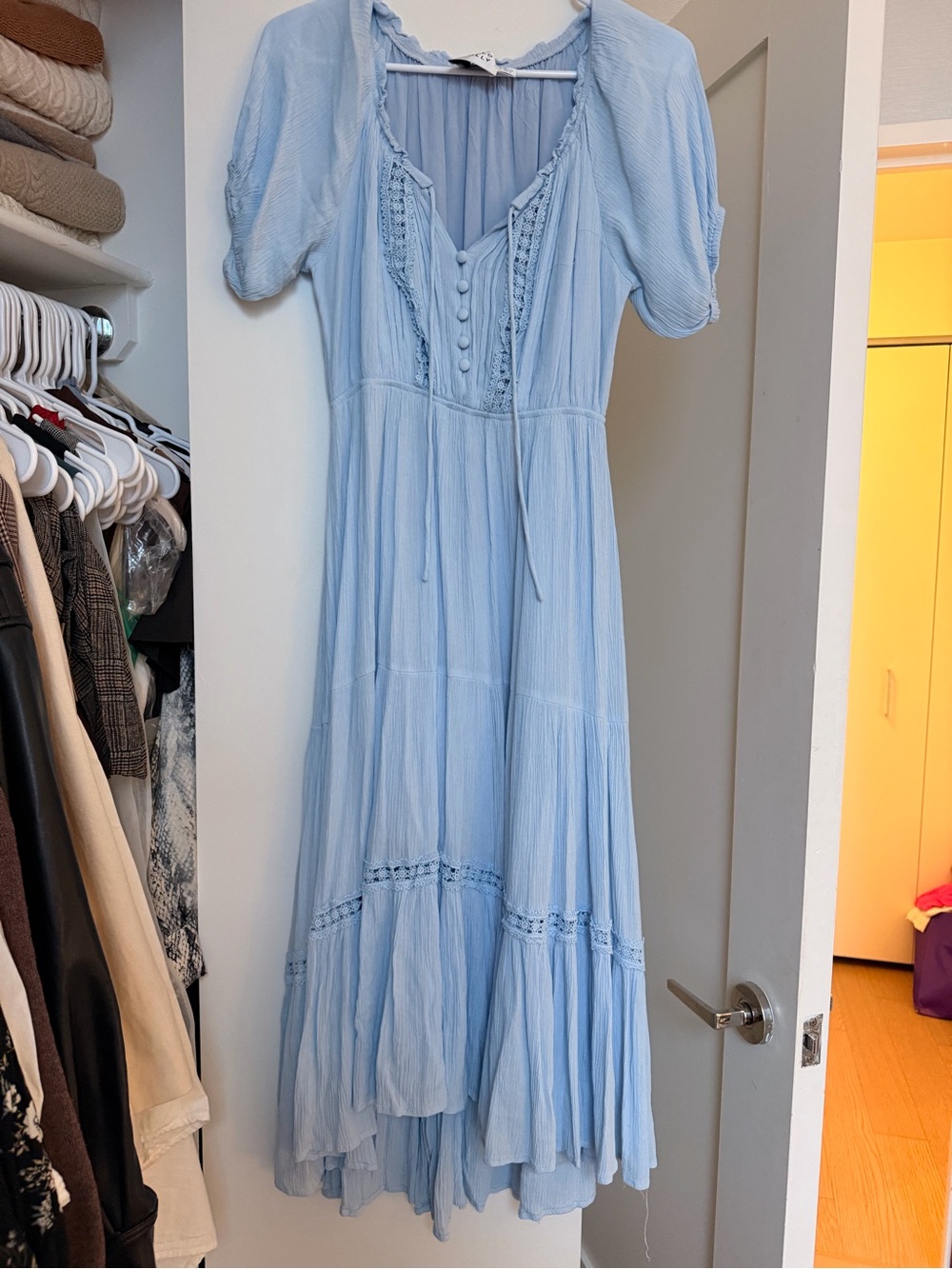 Hello Molly Light Blue Tiered Button-Front Maxi Dress